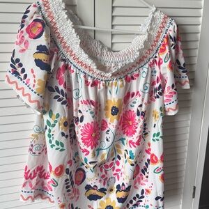 SHEIN White and Pink Smocked Ruffled Blouse
